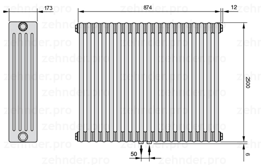 Схема (чертеж) Радиатор Zehnder Charleston 5250/19 №5410 Белый глянцевый RAL 9016